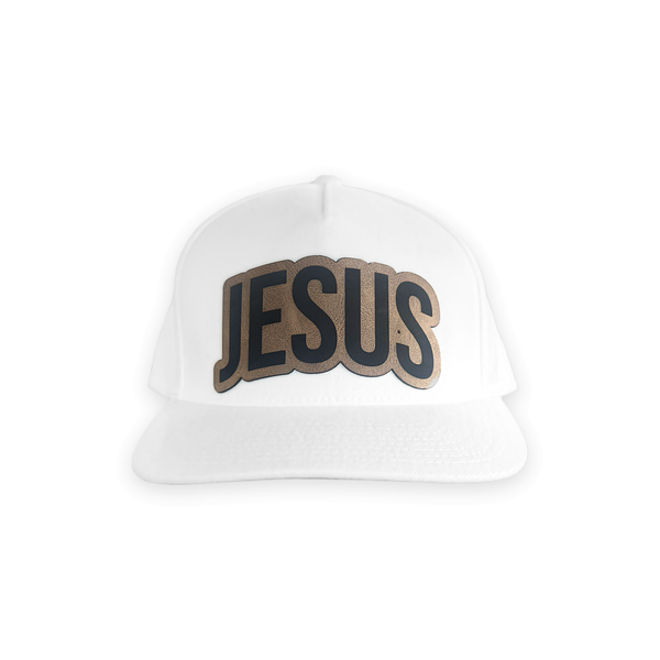 Jesus Leather Patch 5-Panel Hat - white, front