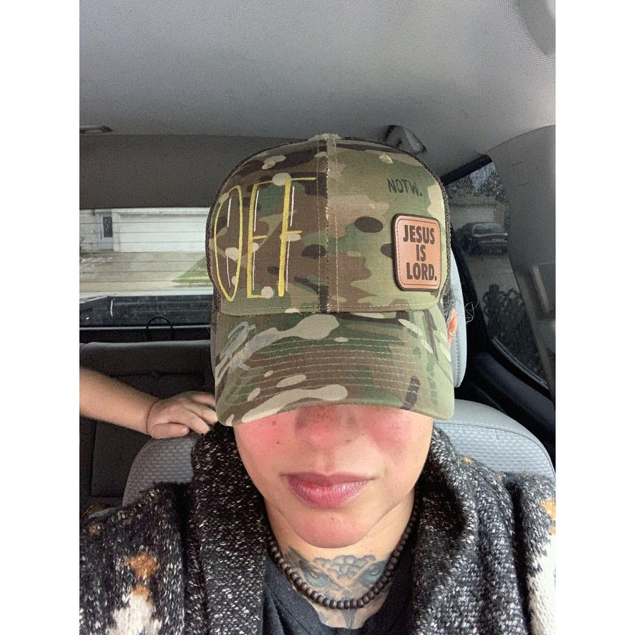 Jesus Is Lord Leather Patch Multicam Trucker Hat - The Officer Tatum Store